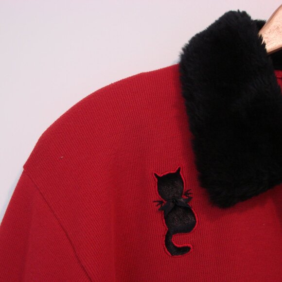 Red Knit Cardigan Sweater Jacket Faux Fur Collar Black Cats Size Medium Large XL - Picture 5 of 11